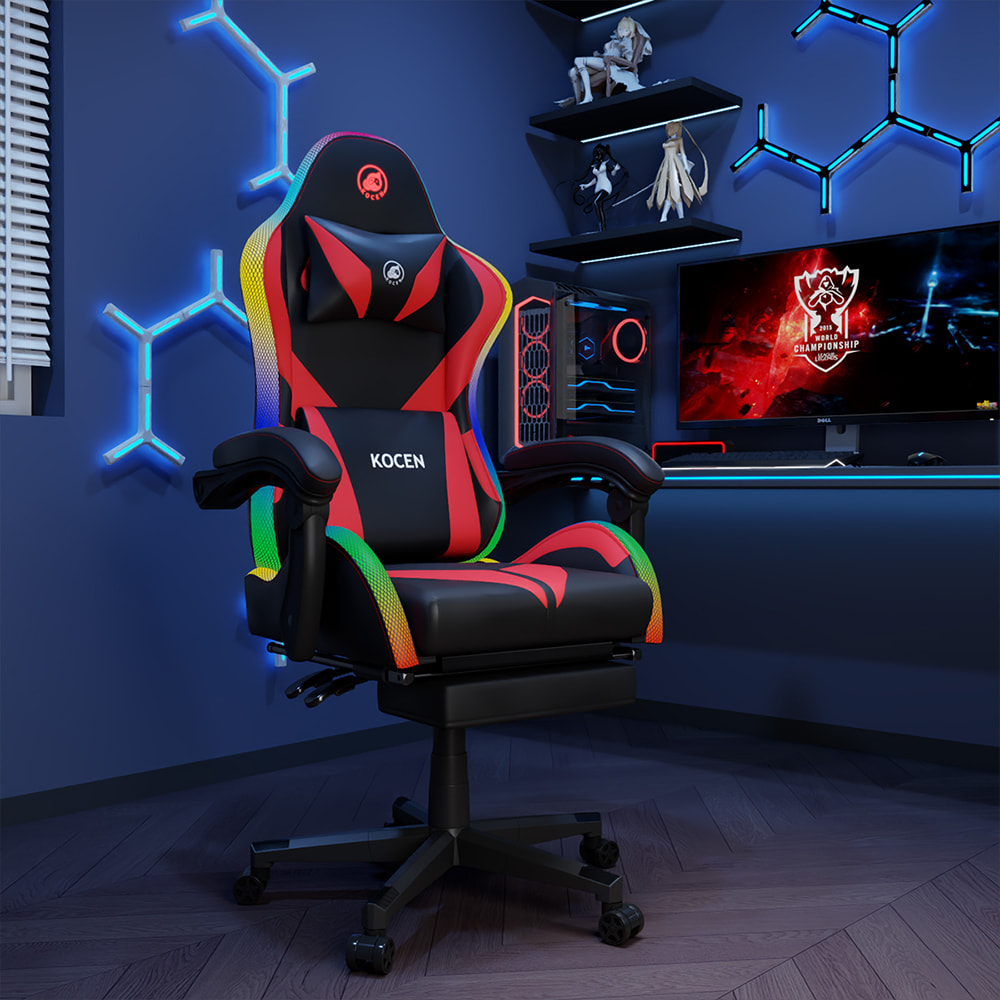 Herné kreslo z PU kože, Esportové kreslo s viacfarebnými nastaviteľnými RGB svetlami, napájanie cez USB, diaľkové ovládanie